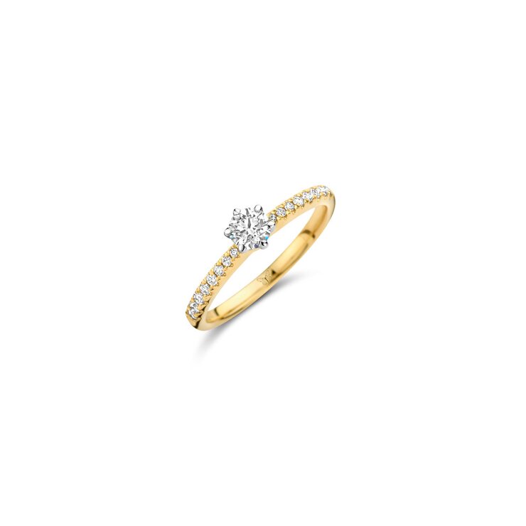 The Exclusive Collection verlovingsring in geel goud 18kt met briljant (ronde diamant) van 0,30 karaat als hoofdsteen omringd door briljanten van 0,14 karaat