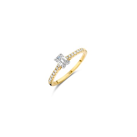 The Exclusive Collection verlovingsring in geel goud 18kt met emerald diamant van 0,43 karaat als hoofdsteen omringd door briljanten van 0,14 karaat