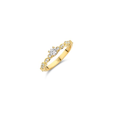 The Exclusive Collection verlovingsring in geel goud 18kt met briljant (ronde diamant) van 0,25 karaat als hoofdsteen omringd door briljanten van 0,19 karaat