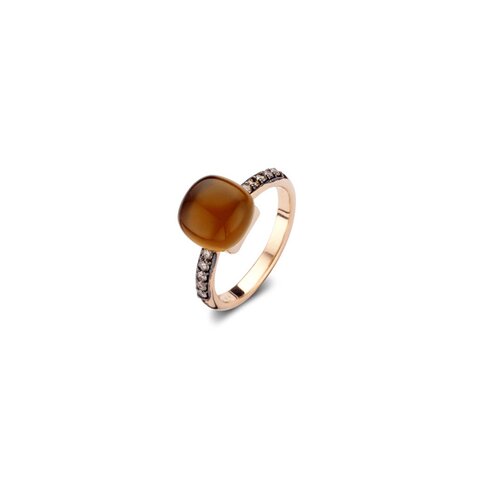 Bigli ring in rosé goud 18kt met quartz madeira omringd door bruine briljanten van 0,23 karaat