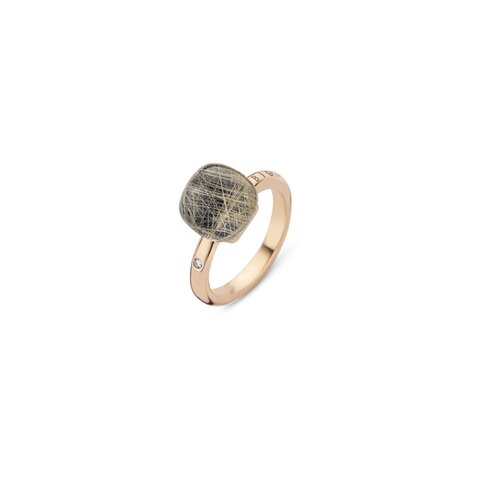 Bigli ring in rosé goud 18kt met quartz rutile & onyx omringd door briljanten van 0,02 karaat
