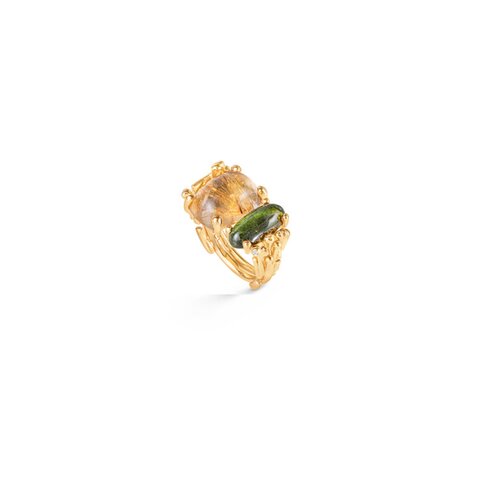 Ole Lynggaard ring in geel goud 18kt met quartz rutile + toermalijn groen omringd door briljanten van 0,04 karaat