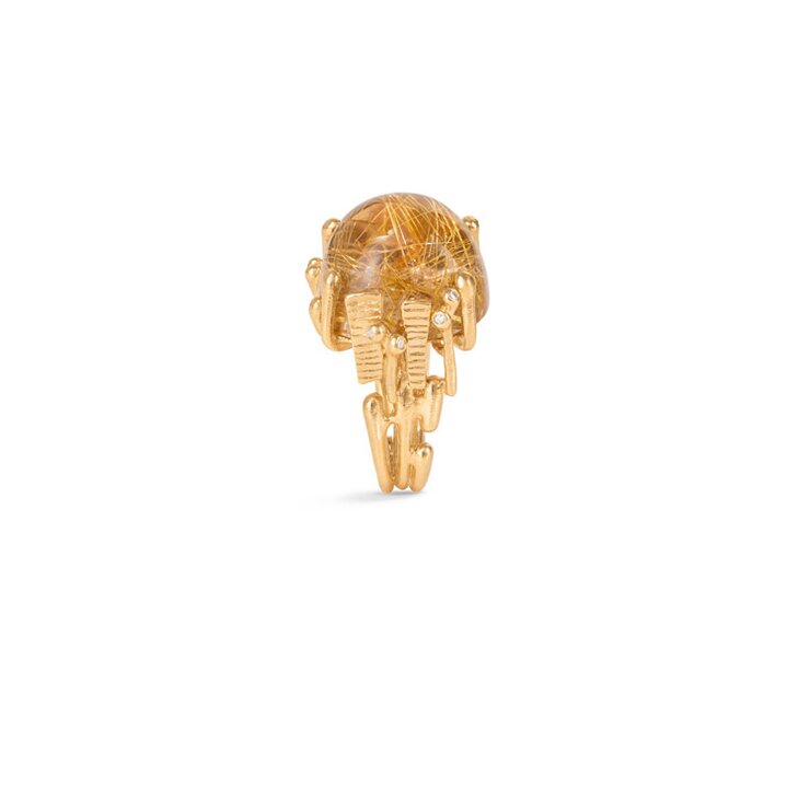 Ole Lynggaard ring in geel goud 18kt met quartz rutile omringd door briljanten van 0,06 karaat