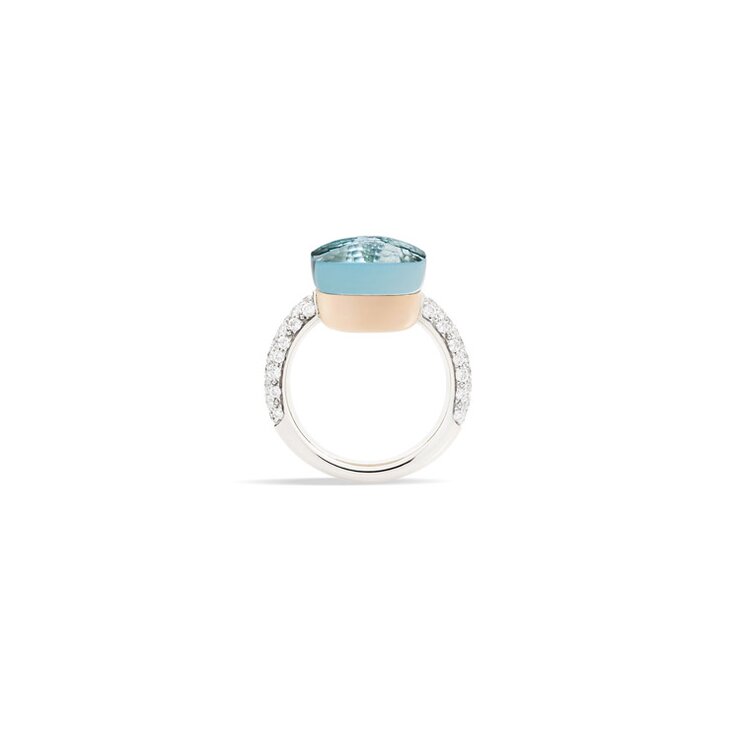 Pomellato ring in wit goud 18kt met topaas blauw omringd door briljanten van 0,73 karaat