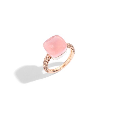 Pomellato ring in rosé goud 18kt met quartz rose omringd door bruine briljanten van 0,70 karaat