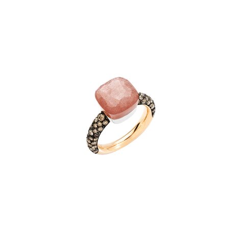 Pomellato ring in rosé goud 18kt met maansteen omringd door bruine briljanten van 0,76 karaat