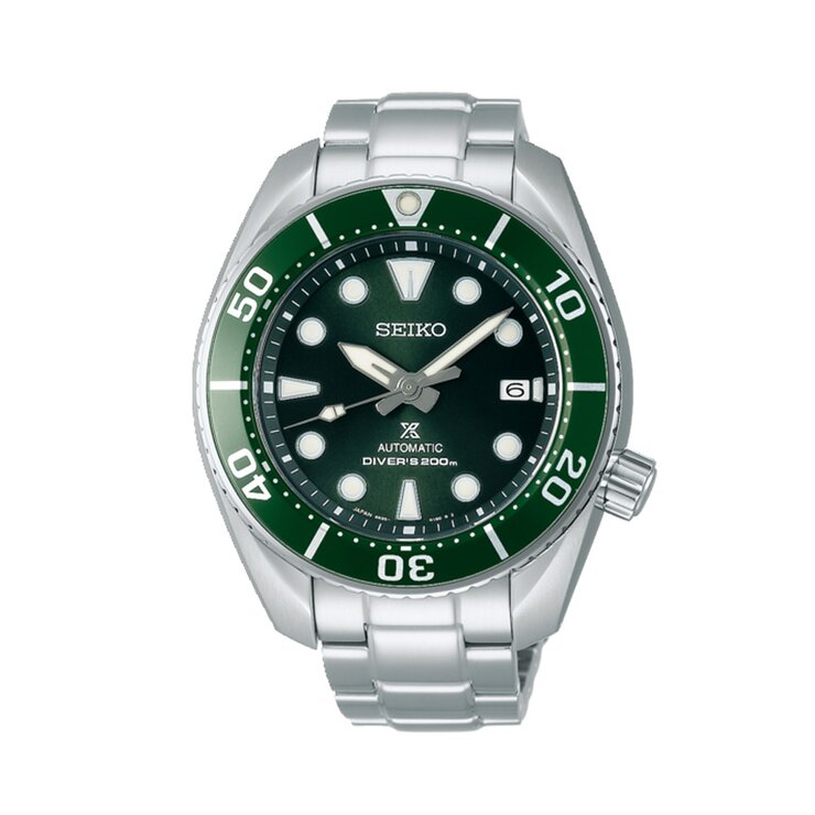 Seiko horloge met een kast in staal, met een wijzerplaat in het groen en een diameter van 45 mm