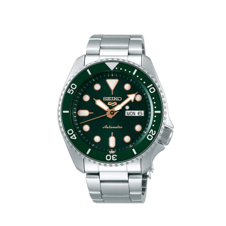 Seiko horloge met een kast in staal, met een wijzerplaat in het groen en een diameter van 42.5 mm