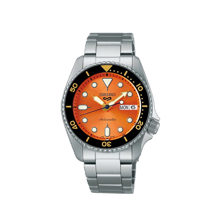 Seiko horloge met een kast in staal, met een wijzerplaat in het oranje en een diameter van 38 mm