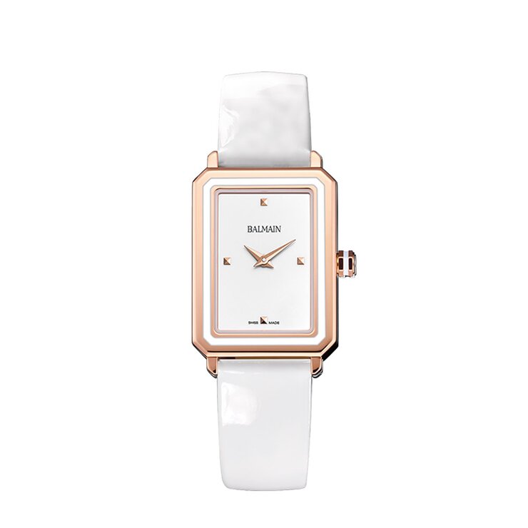 Balmain horloge met een kast in rosé verguld, met een wijzerplaat in het wit en een diameter van 25 x 33 mm
