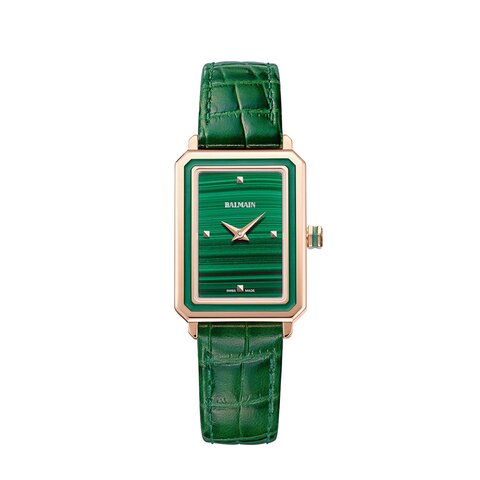 Balmain horloge met een kast in rosé verguld, met een wijzerplaat in het groen en een diameter van 25 x 33 mm
