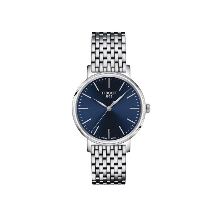 Tissot horloge met een kast in staal, met een wijzerplaat in het blauw en een diameter van 34 mm
