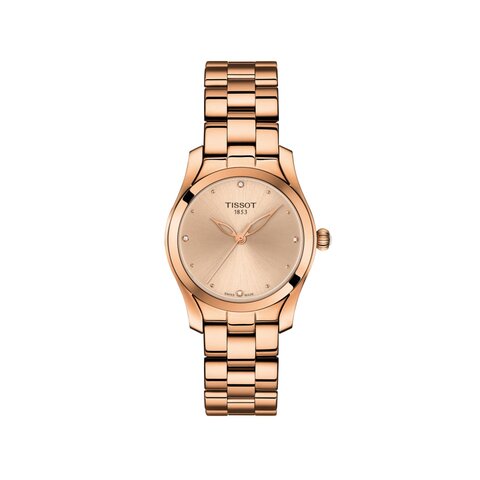 Tissot horloge met een kast in rosé verguld, met een wijzerplaat in het rosé en een diameter van 30 mm