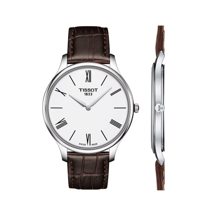 Tissot horloge met een kast in staal, met een wijzerplaat in het wit en een diameter van 39 mm