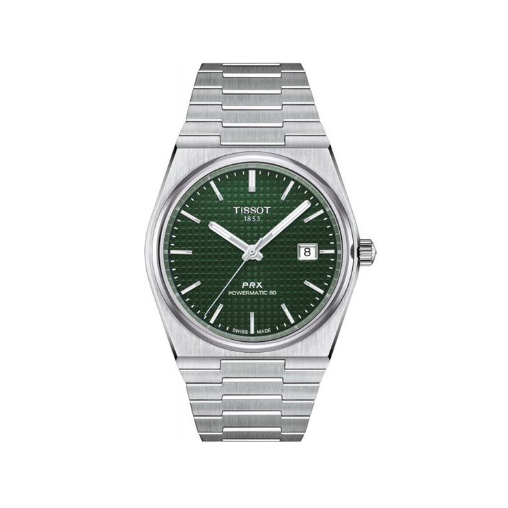 Tissot horloge met een kast in staal, met een wijzerplaat in het groen en een diameter van 40 mm
