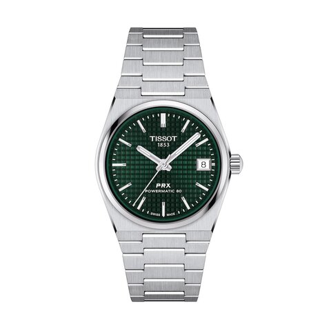 Tissot horloge met een kast in staal, met een wijzerplaat in het groen en een diameter van 35 mm