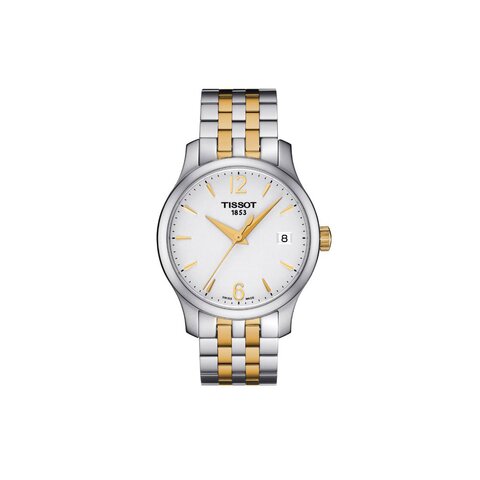 Tissot horloge met een kast in staal, met een wijzerplaat in het wit en een diameter van 33 mm