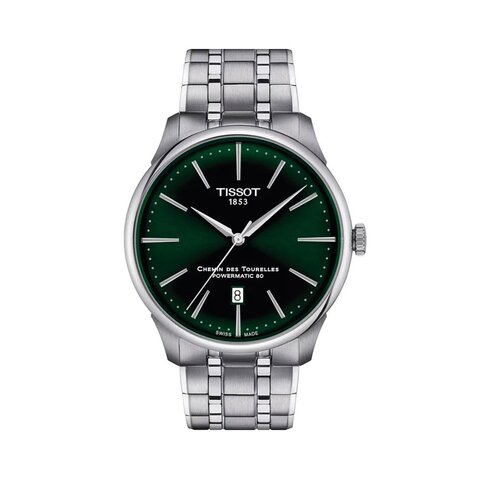 Tissot horloge met een kast in staal, met een wijzerplaat in het groen en een diameter van 42 mm