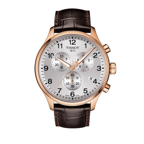 Tissot horloge met een kast in rosé verguld, met een wijzerplaat in het zilver en een diameter van 45 mm