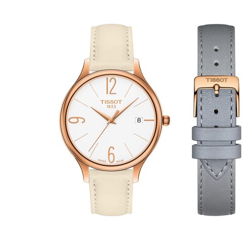 Tissot horloge met een kast in rosé verguld, met een wijzerplaat in het wit en een diameter van 38 mm