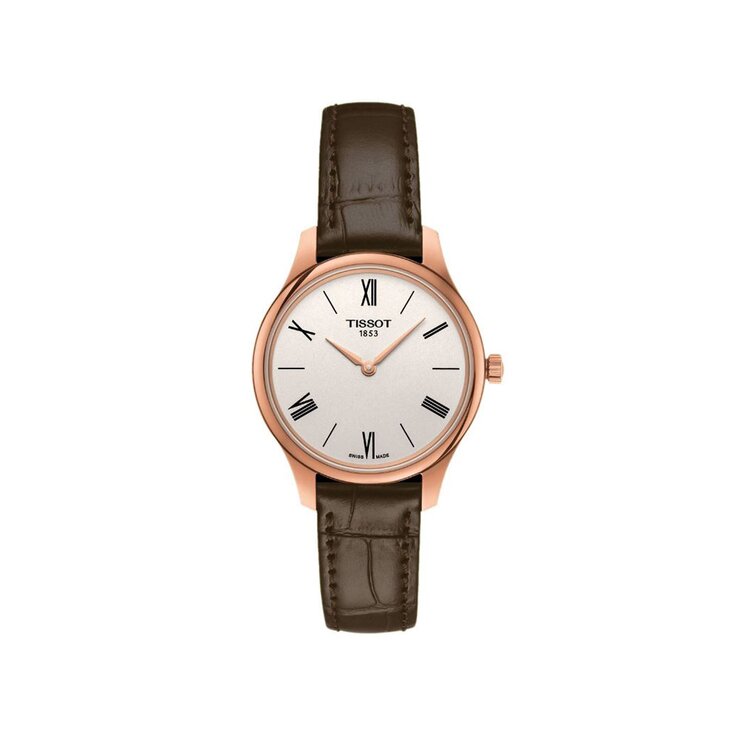 Tissot horloge met een kast in rosé verguld, met een wijzerplaat in het zilver en een diameter van 31 mm