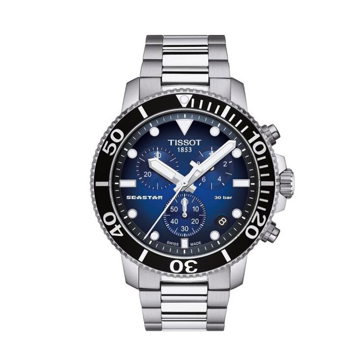 Tissot horloge met een kast in staal, met een wijzerplaat in het blauw en een diameter van 45 mm