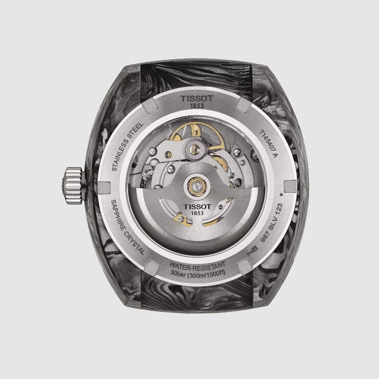 Tissot horloge met een kast in carbon, met een wijzerplaat in het zwart en een diameter van 41 mm