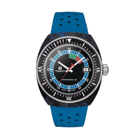 Tissot horloge met een kast in carbon, met een wijzerplaat in het zwart en een diameter van 41 mm