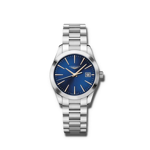Longines horloge met een kast in staal, met een wijzerplaat in het blauw en een diameter van 34 mm