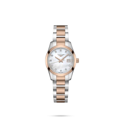 Longines horloge met een kast in rosé verguld op staal, met een wijzerplaat in het parelmoer met  briljant en een diameter van 29.5 mm