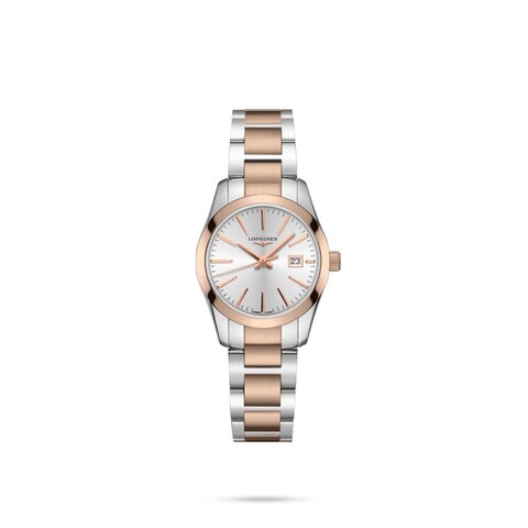 Longines horloge met een kast in rosé verguld op staal, met een wijzerplaat in het zilver en een diameter van 29.5 mm