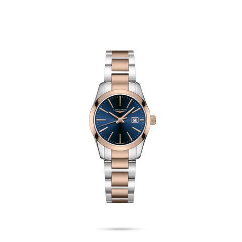 Longines horloge met een kast in rosé verguld op staal, met een wijzerplaat in het blauw en een diameter van 29.5 mm