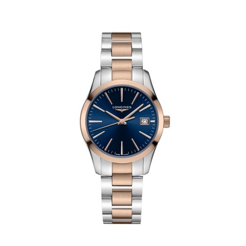 Longines horloge met een kast in rosé verguld op staal, met een wijzerplaat in het blauw en een diameter van 34 mm