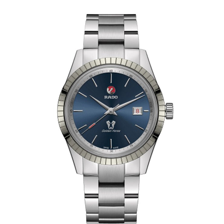 Rado horloge met een kast in staal, met een wijzerplaat in het blauw en een diameter van 42 mm