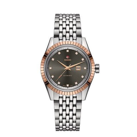 Rado horloge met een kast in staal, met een wijzerplaat in het grijs met briljant en een diameter van 35 mm