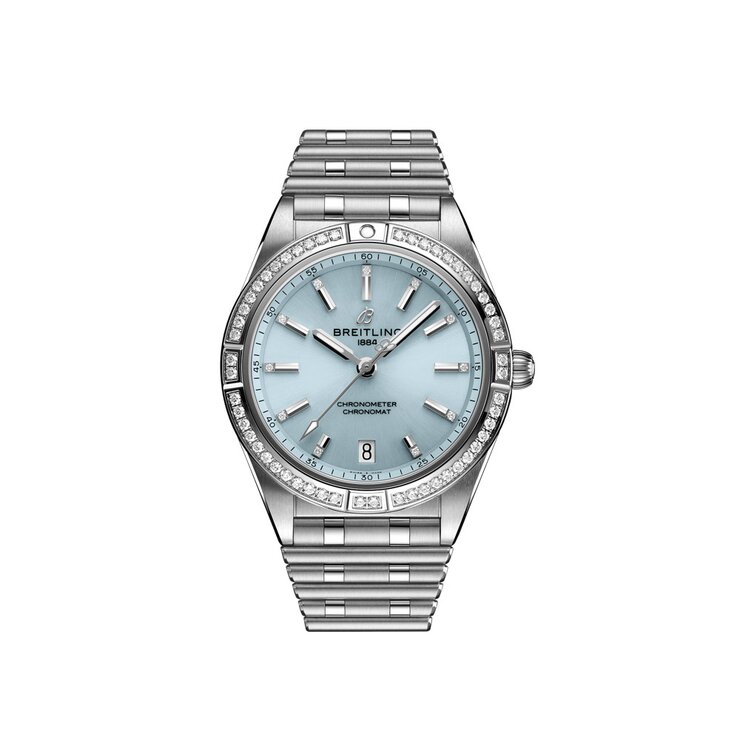 Breitling horloge met een kast in staal, met een wijzerplaat in het blauw met briljant en een diameter van 36 mm