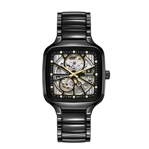 Rado horloge met een kast in keramiek, met een wijzerplaat in het zwart met briljant en een diameter van 38 mm