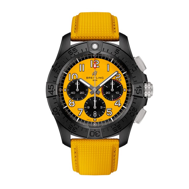 Breitling horloge met een kast in keramiek, met een wijzerplaat in het geel en een diameter van 44 mm
