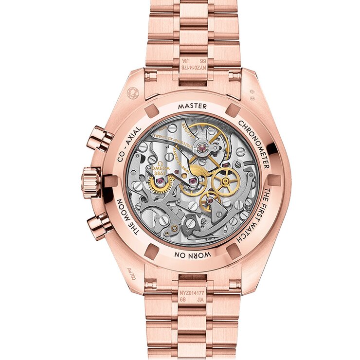 Omega horloge met een kast in rosé goud, met een wijzerplaat in het zwart en een diameter van 42 mm