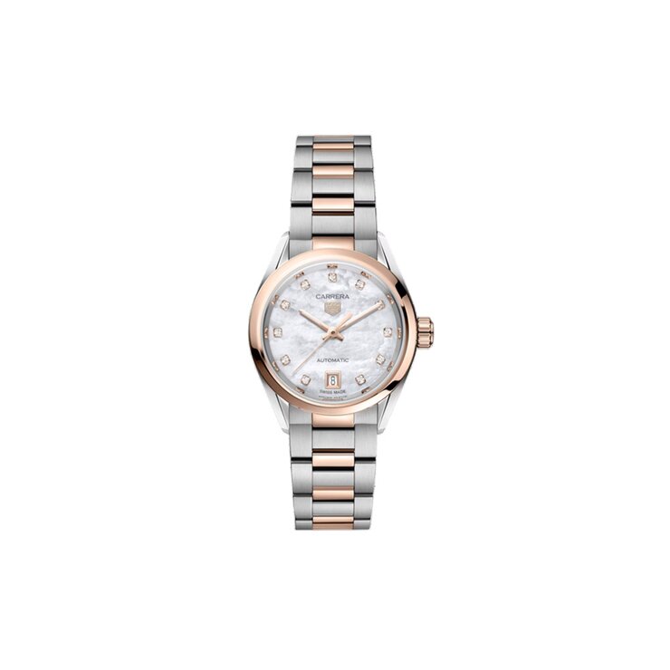 TAG Heuer horloge met een kast in rosé goud op staal, met een wijzerplaat in het parelmoer met  briljant en een diameter van 29 mm