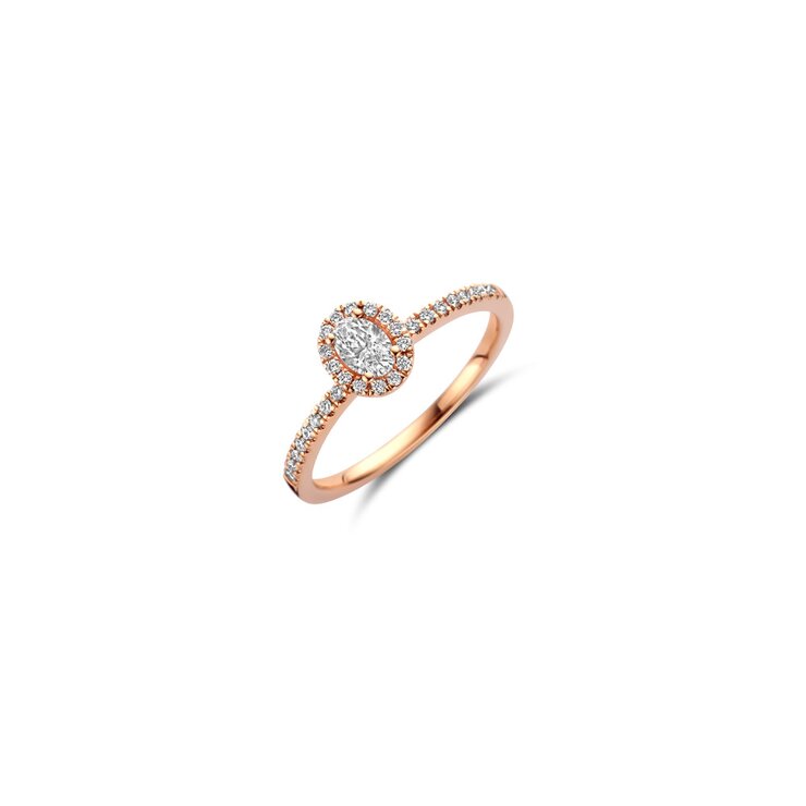 The Exclusive Collection verlovingsring in rosé goud 18kt met ovalen diamant van 0,22 karaat als hoofdsteen omringd door briljanten van 0,21 karaat
