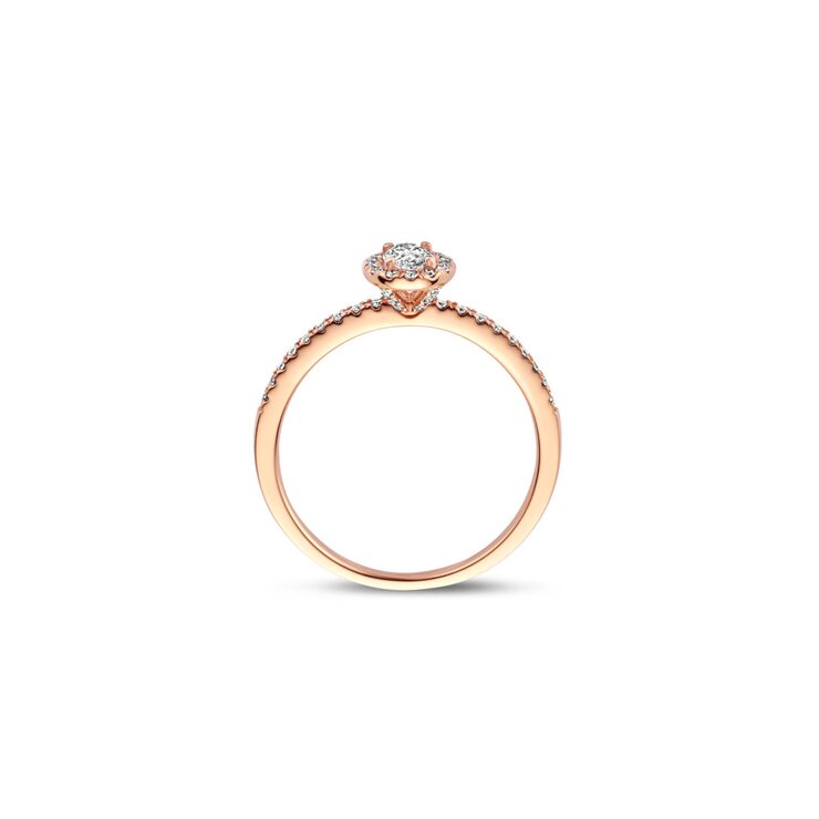 The Exclusive Collection verlovingsring in rosé goud 18kt met ovalen diamant van 0,22 karaat als hoofdsteen omringd door briljanten van 0,21 karaat