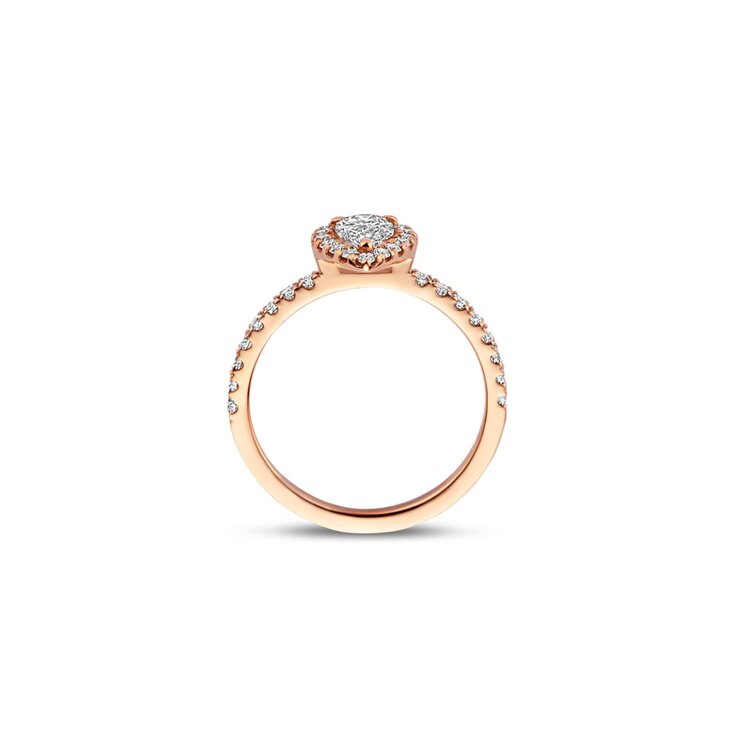 The Exclusive Collection verlovingsring in rosé goud 18kt met peervormige diamant van 0,41 karaat als hoofdsteen omringd door briljanten van 0,40 karaat