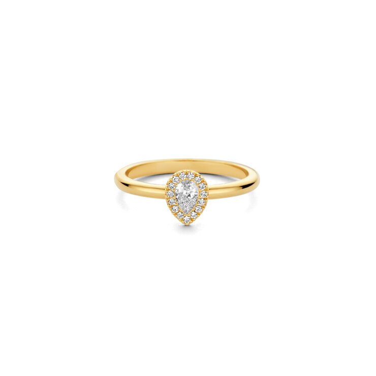 The Exclusive Collection verlovingsring in geel goud 18kt met peervormige diamant van 0,18 karaat als hoofdsteen omringd door briljanten van 0,06 karaat