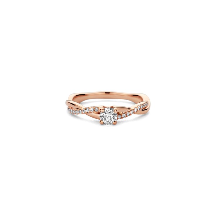 The Exclusive Collection verlovingsring in rosé goud 18kt met briljant (ronde diamant) van 0,25 karaat als hoofdsteen omringd door briljanten van 0,10 karaat