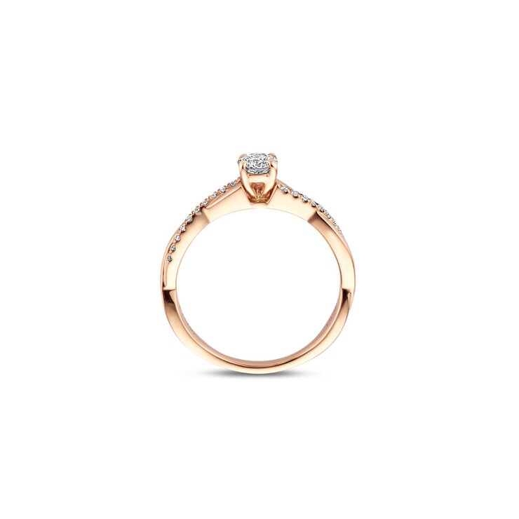 The Exclusive Collection verlovingsring in rosé goud 18kt met briljant (ronde diamant) van 0,25 karaat als hoofdsteen omringd door briljanten van 0,10 karaat