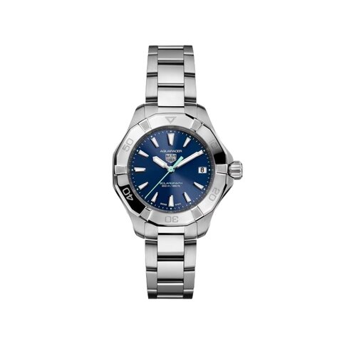 TAG Heuer horloge met een kast in staal, met een wijzerplaat in het blauw en een diameter van 34 mm