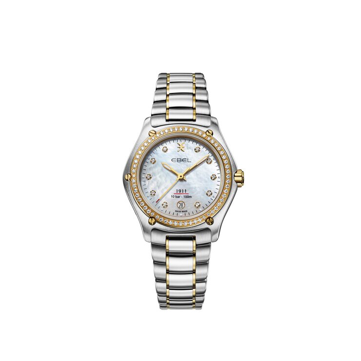 Ebel horloge met een kast in geel goud op staal, met een wijzerplaat in het parelmoer met  briljant en een diameter van 30