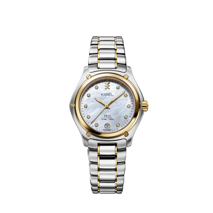 montre Ebel avec un boîtier en acier, un cadran nacre avec brillant et un diamètre de 34
