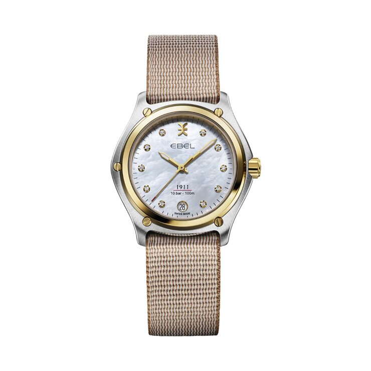 montre Ebel avec un boîtier en acier, un cadran nacre avec brillant et un diamètre de 34